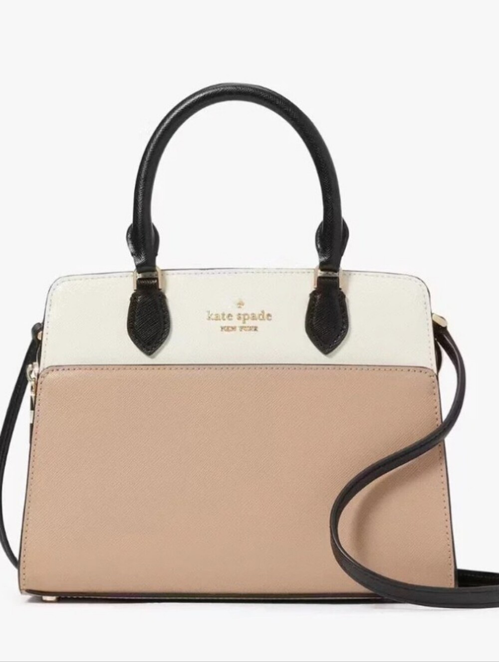 Kate Spade Cream and Toasted Hazelnut Colorblock Satchel with Black Handles